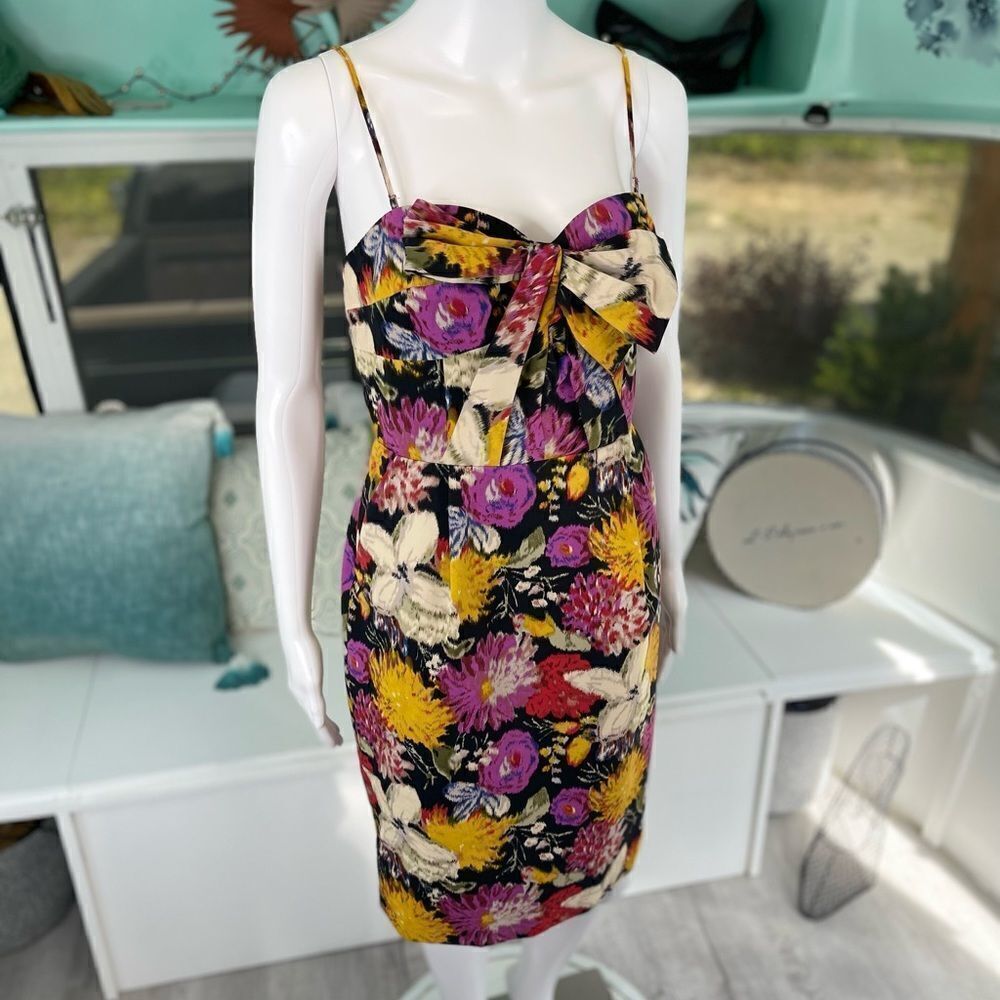 Anthropologie Strapless Floral Bow Dress - Black, Purple, Yellow, Cream